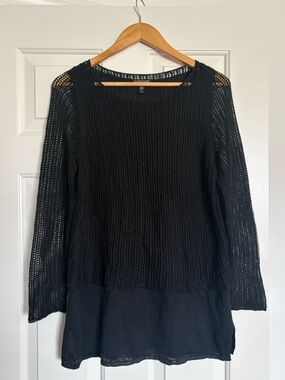 Eileen Fisher Organic Linen Black Long Sleeve Crochet Sweater Tunic Top✨